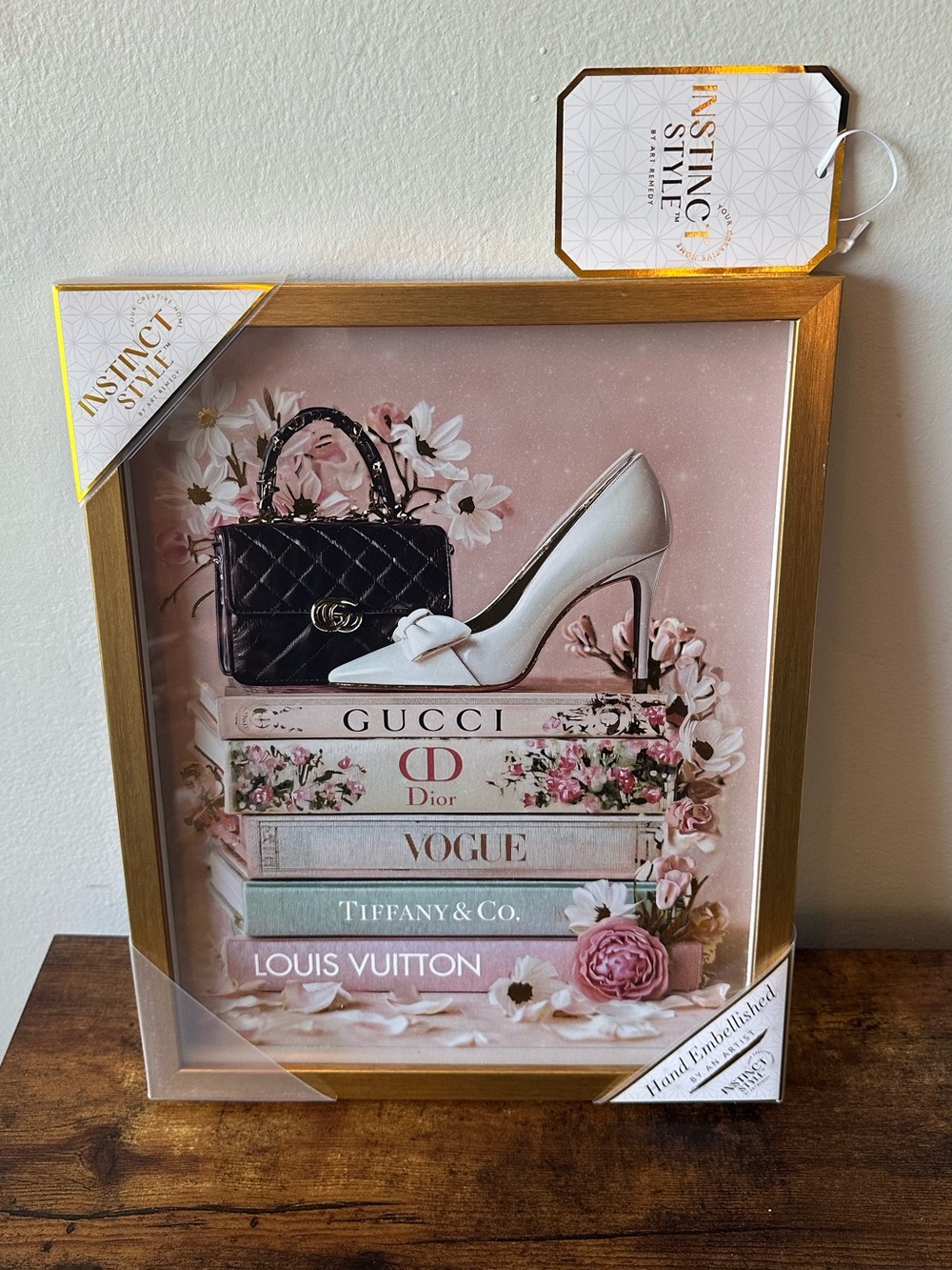 Luxury Designer Framed Luxury Book Stack with White Heel and Flowers 11x14 NWT